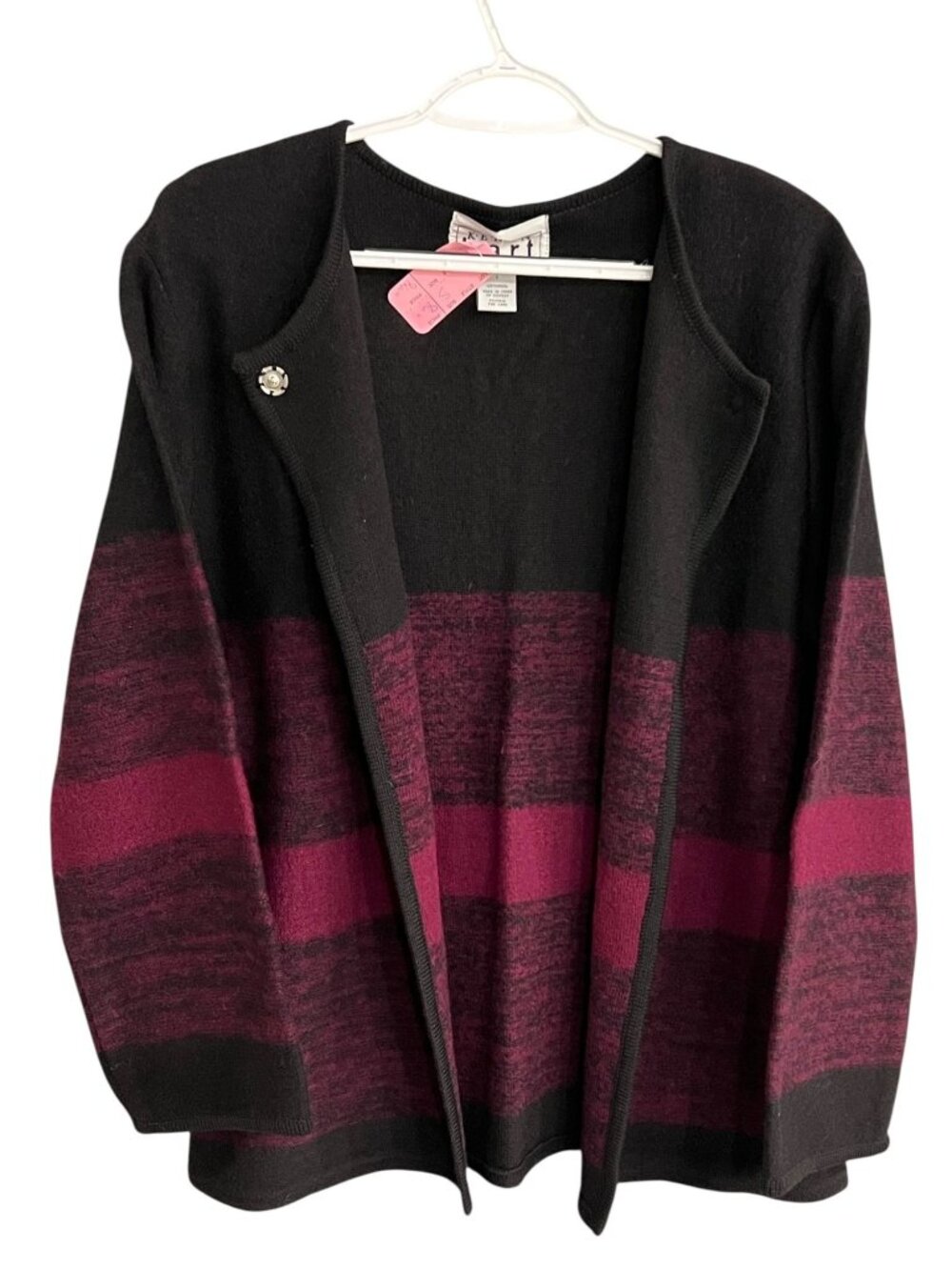 Keren Hart Women Small Cardigan Sweater Wool Blend Black & Burgundy Open Front - Picture 10 of 11